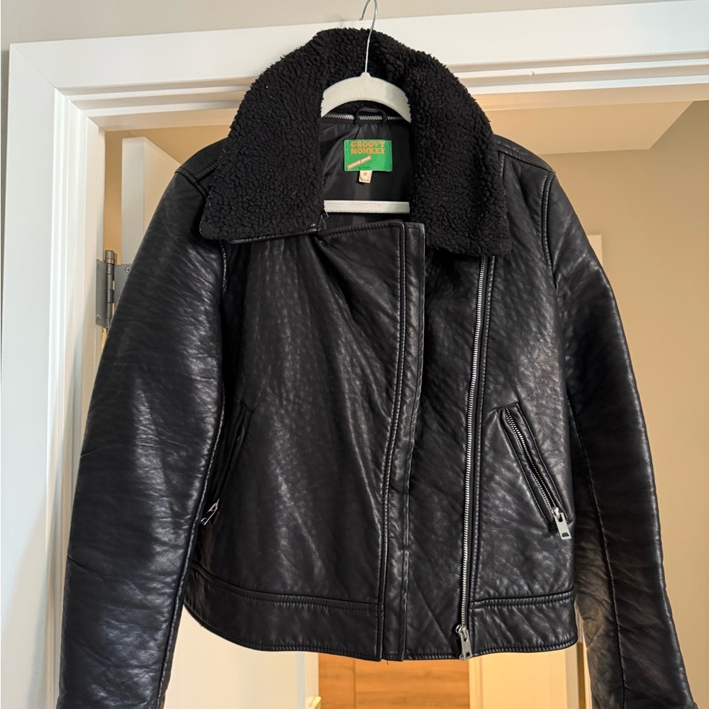 Black Leather Jacket with Shearling Collar